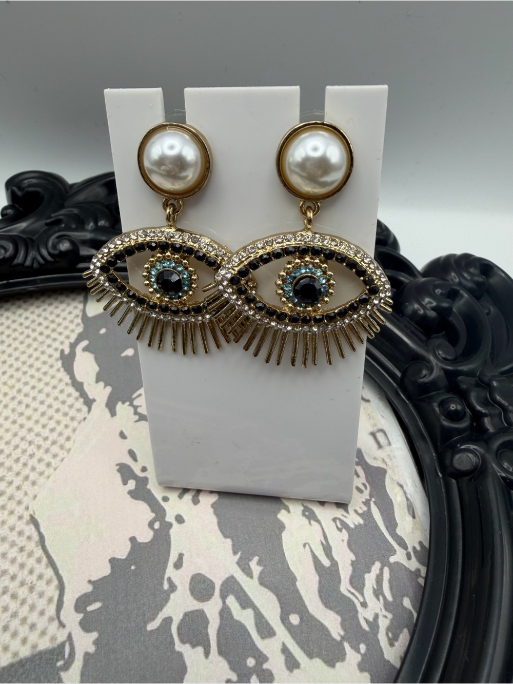 Gold-Tone Pearl & Crystal Evil Eye Drop Earrings